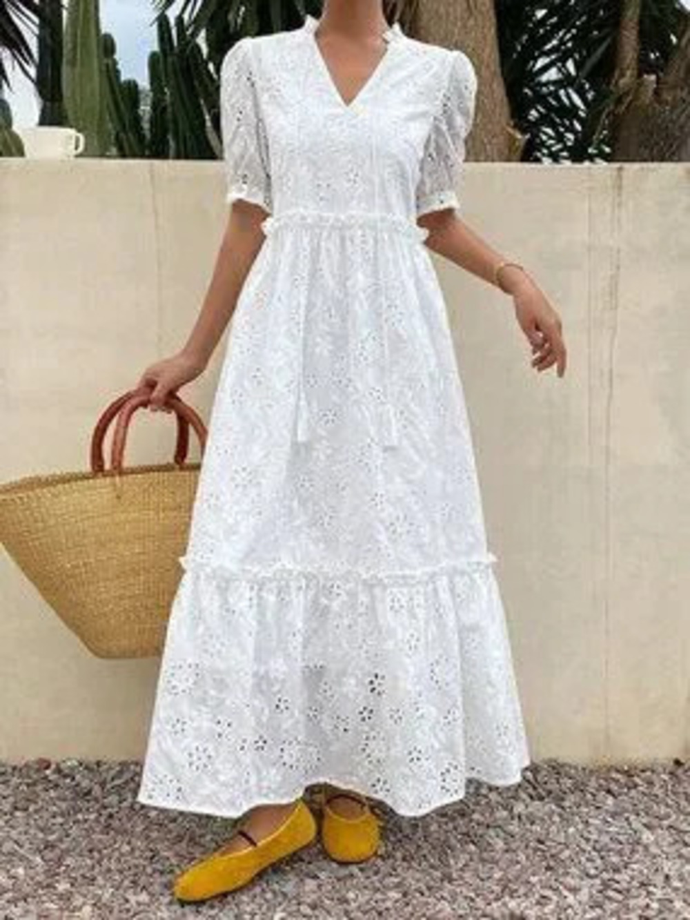 Ivory White Boho Women's Hollow Out Frill Trim Tie Waist Long Puff Sleeve Dress